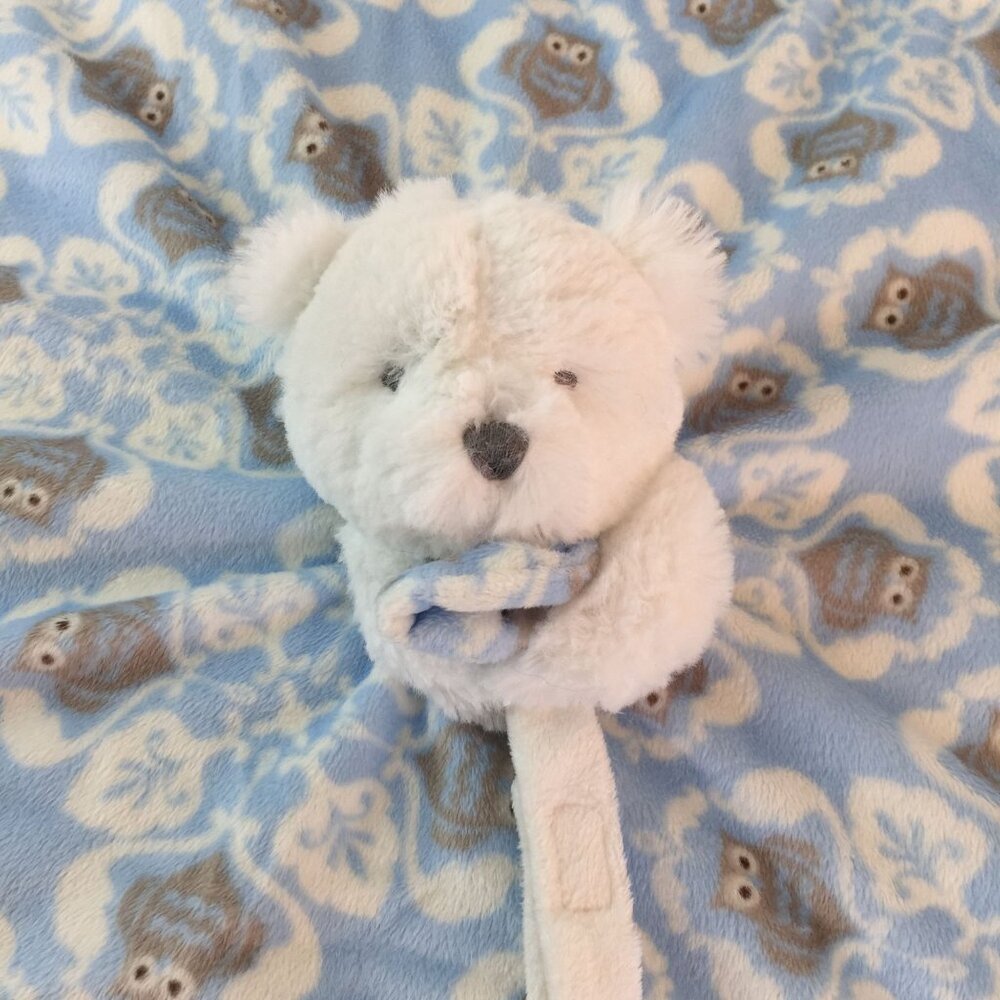 Blankets & Beyond Teddy‎ Bear Lovey on Blue Gray Owl Design Pacifier Holder - Picture 2 of 7